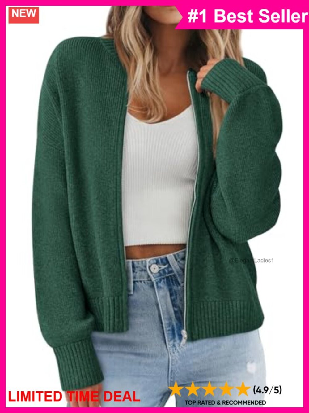 Chunky Knit Zip Up Cardigan Sweater Ribbed Crewneck Loose Fit Fall Layering